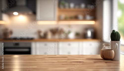 Embracing Scandinavian Elegance  Close-Up of an Empty Wooden Table in a Modern Kitchen With Generative AI