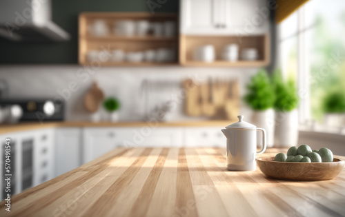 Embracing Scandinavian Elegance  Close-Up of an Empty Wooden Table in a Modern Kitchen With Generative AI