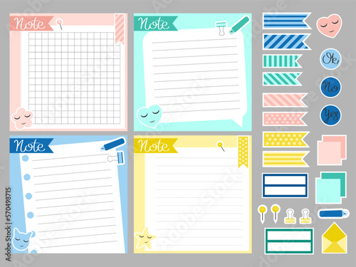 Notes and stickers. Set of template notes. Cute paper note template. Notes, memo and to do lists used in a diary, home or office.