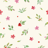 Watercolor floral seamless pattern with painted abstract pink, red  flowers, branches, leaves. Hand drawn spring illustration. Vector EPS.
