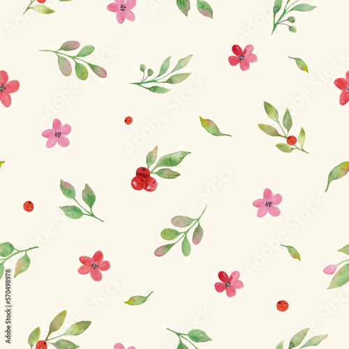 Watercolor floral seamless pattern with painted abstract pink, red flowers, branches, leaves. Hand drawn spring illustration. Vector EPS.