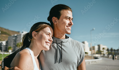 Couple, hug and fitness while happy outdoor with love, care and support in city park in Miami. Man and woman thinking about workout, mental health and healthy lifestyle for body and mind with partner
