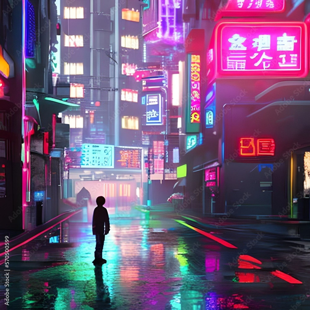 A BOY in colorful Nighttime cyberpunk city illustration. A night of the neon street at the downtown wallpaper.