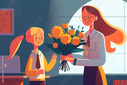 The concept of the holiday Teacher's Day. The student gave the teacher a bouquet of flowers Generative AI photo