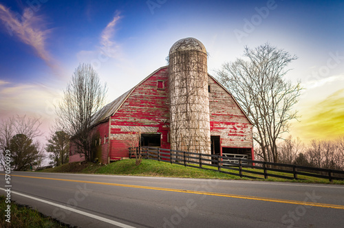 Red Barn in Sunset with Highway photo