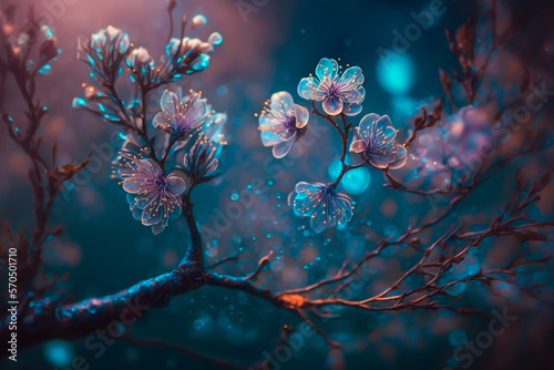 beautiful branch, mild fairy mist, pale blue plum blossom,Generative AI 