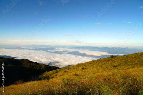 Landscape nature morning view with fog around mountain valley in  Kew Mae Pan nature trail in Chiang mai Thailand of Doi Inthanon National Park. 3 km hiking trail. Experience rainforest  grasslands