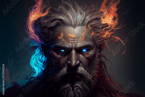 Portrait of Hades with glowing eyes surrounded by blue and red fire, Generative AI. Young male with long hair and beard. Ancient Greek God. God of underworld on black background photo