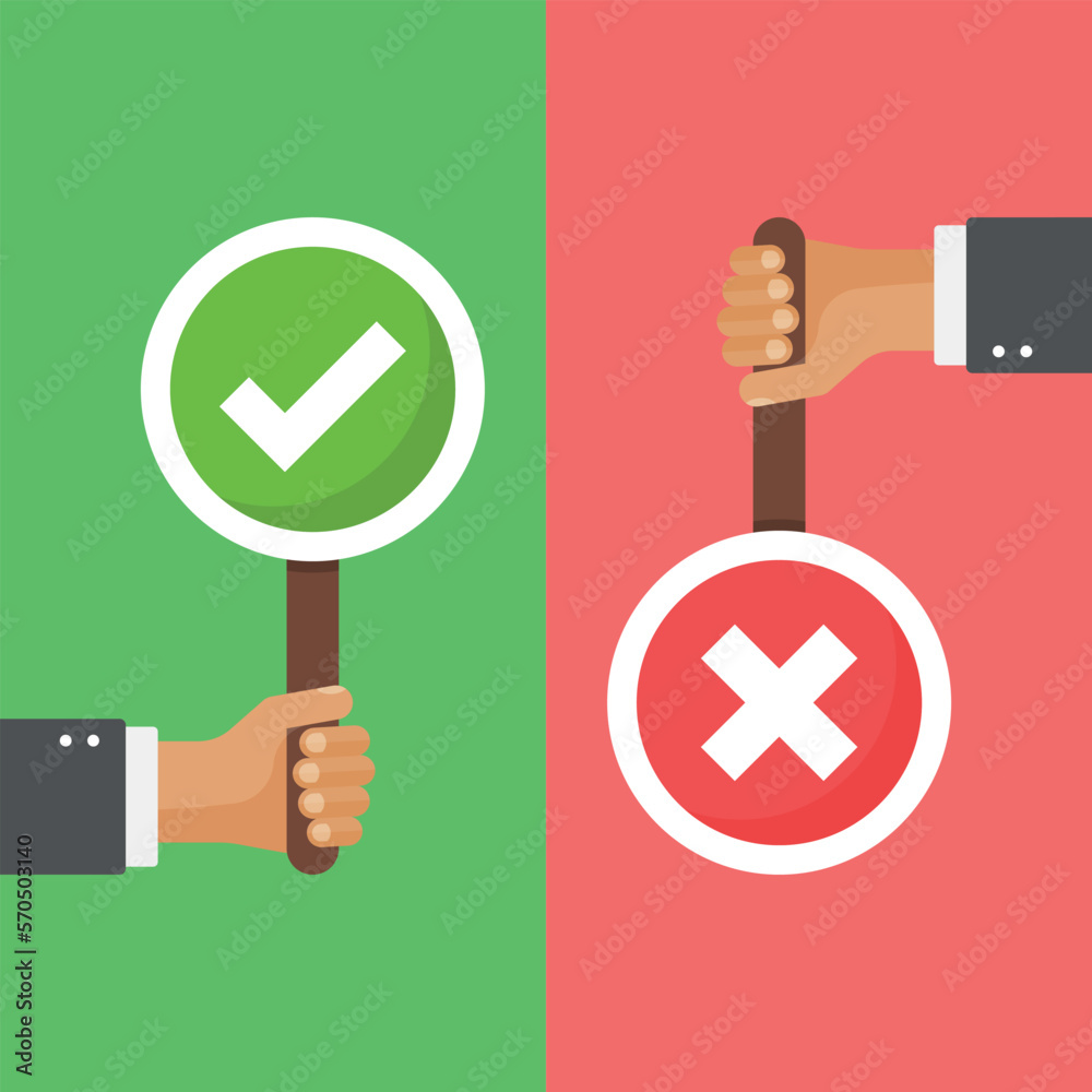 Hands hold signboard icon in flat style. Right and wrong feedback vector illustration on isolated background. Yes, no sign business concept. Hands hold signboard icon in flat style. Right and wrong feedback vector illustration on isolated background. Yes, no sign business concept.