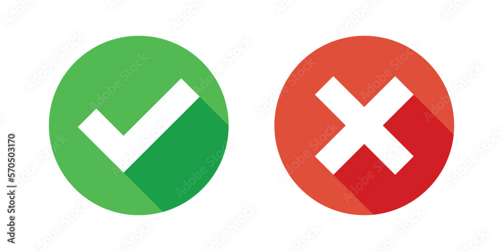 Cross and check mark icon in flat style. Checkmark right vector illustration on isolated background. Tick and cross sign business concept. Cross and check mark icon in flat style. Checkmark right vector illustration on isolated background. Tick and cross sign business concept.