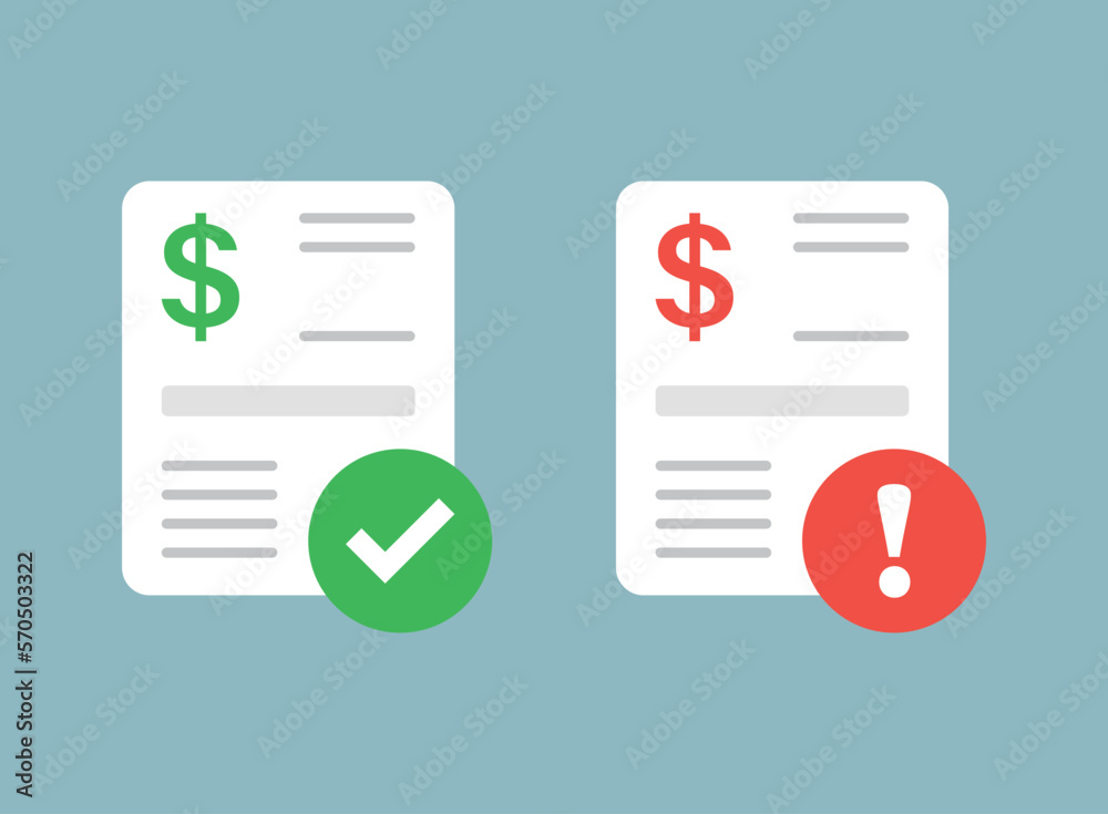 Success and decline payment icon in flat style. Approved, failure money transaction vector illustration on isolated background. Successful pay sign business concept. Success and decline payment icon in flat style. Approved, failure money transaction vector illustration on isolated background. Successful pay sign business concept.