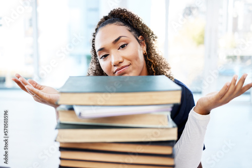 Student, portrait or books stack in hospital research, medical woman study or medicine internship in shrug emoji. Nurse, doctor or healthcare university notebook and learning questions or why hands photo
