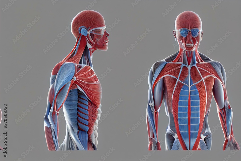 Anterior and left lateral view of muscular system,3D rendering ...