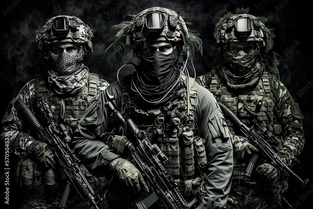 Powerful Special Forces Military Unit in Full Tactical Gear on Wartime  Battlefield - Stunning Illustration captures bravery and strength of  soldiers ready for action. Ideal for articles and websites Illustration  Stock