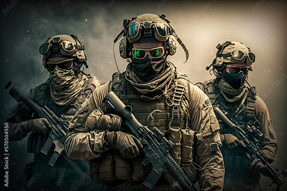 Powerful Special Forces Military Unit in Full Tactical Gear on Wartime