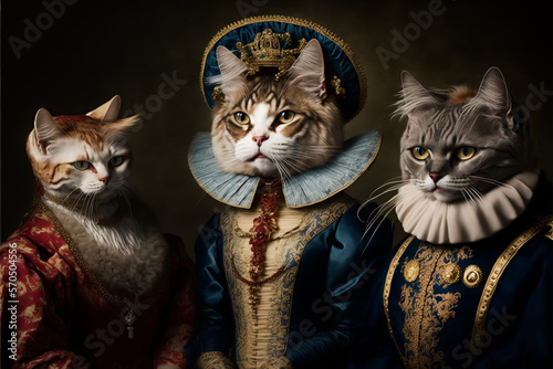 Family of cats in royal outfits of the Victorian era. Fynny cats. Royal cats. Cats as Humans concept. Picture of Cat Aristocrats, Generative AI. photo