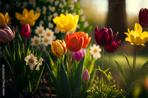 Colorful spring flowers meadow, Generative AI. Springtime flowers bloom. Beautiful colorful meadow of wild flowers. Spring flowers background for posters and banners.