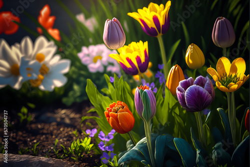 Colorful spring flowers meadow, Generative AI. Springtime flowers bloom. Beautiful colorful meadow of wild flowers. Spring flowers background for posters and banners.