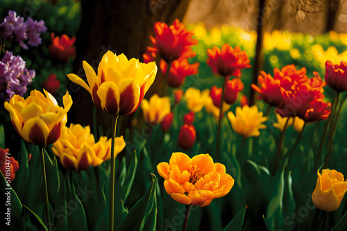 Colorful spring flowers meadow, Generative AI. Springtime flowers bloom. Beautiful colorful meadow of wild flowers. Spring flowers background for posters and banners.