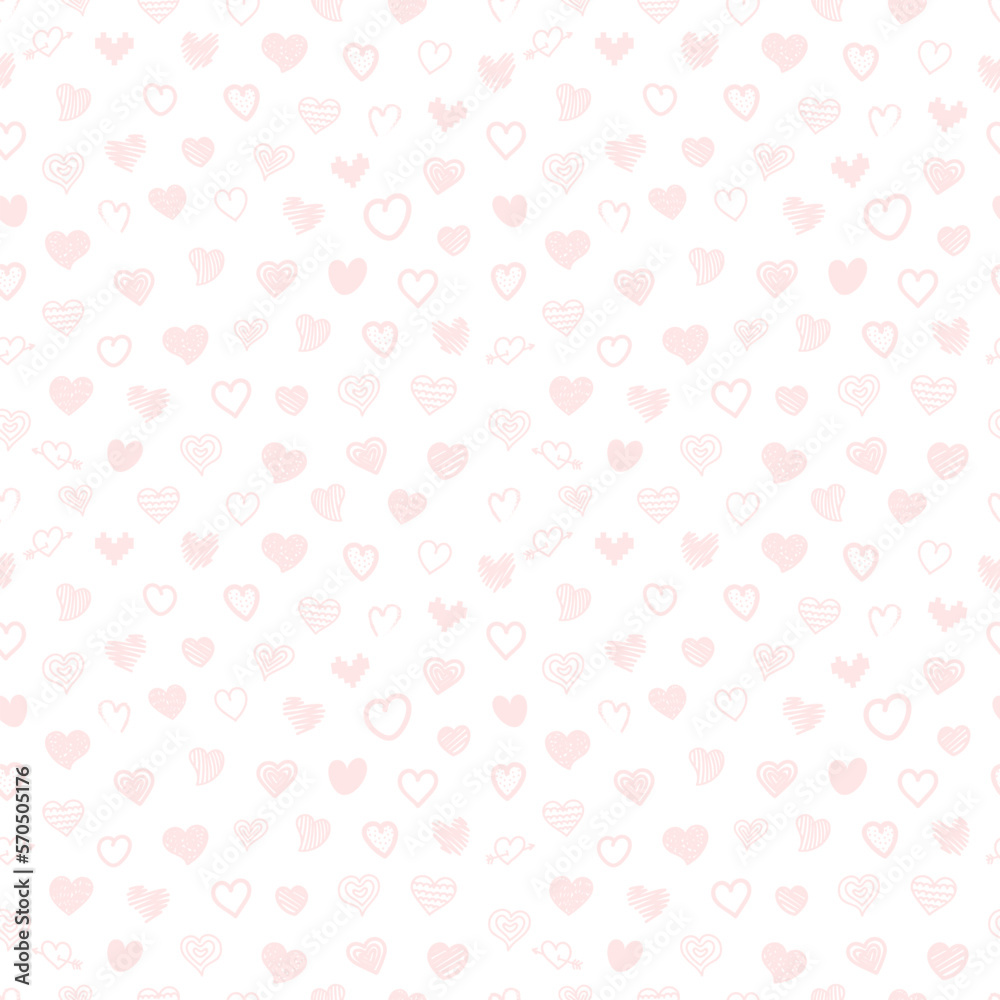 Sketch style pink hearts seamless vector pattern