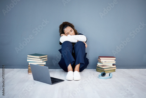 Obraz na plátne Nurse, stress and medical student depression on laptop, research books or hospital fatigue in learning burnout