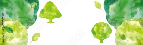 バナー　フレーム　夏　木　森　緑　葉　水彩　コピースペース　背景　イラスト素材  © ribbon_s