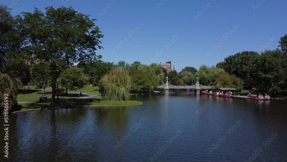 a aerial drone shot of a common park in the boston city with the lake and trees, and a boat, in the region of new england, united states of america in spring season a aerial drone shot of a common park in the boston city with the lake and trees, and a boat, in the region of new england, united states of america in spring season
