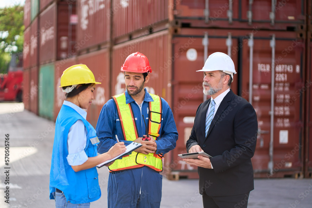 Team of Engineer and foreman are working for check countable of container box in import and export logistic service Team of Engineer and foreman are working for check countable of container box in import and export logistic service