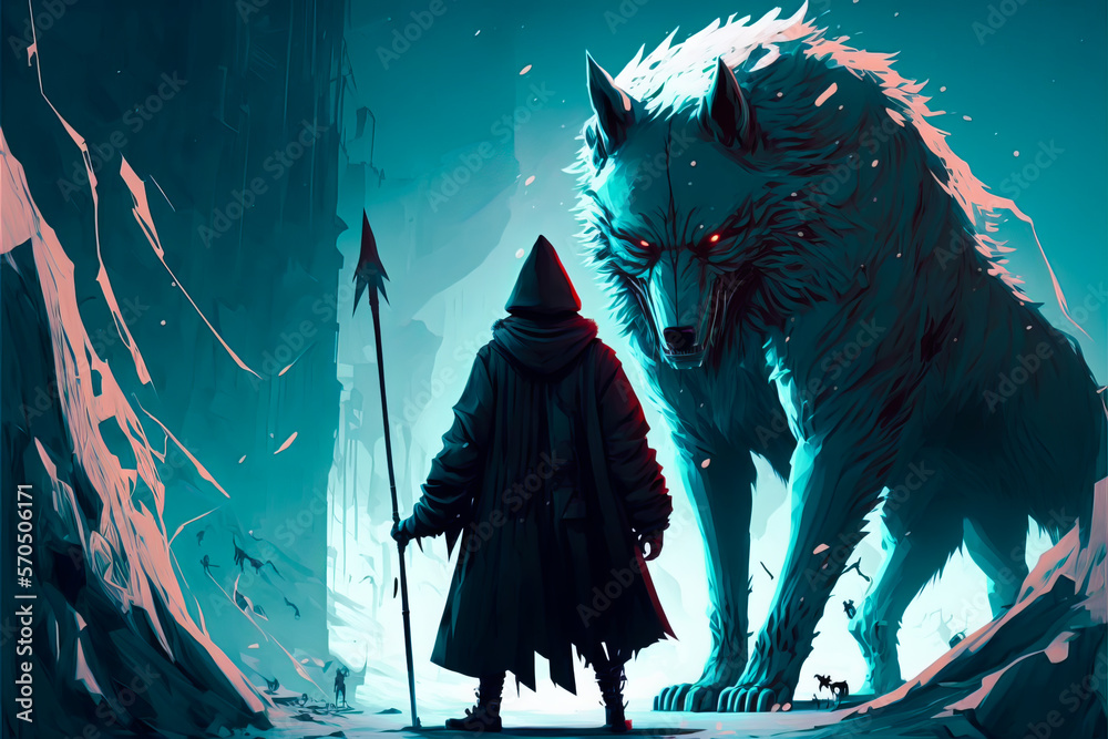 Warrior with spear with huge dire wolf in the dark forest, Generative