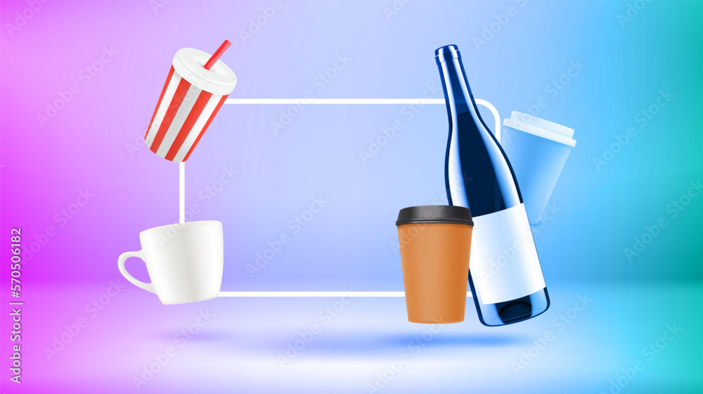 Poster template with beverages and empty frame. New post concept. Vector 3d banner Poster template with beverages and empty frame. New post concept. Vector 3d banner