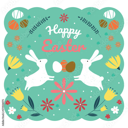 Vector happy easter card. Rabbits with flowers on blue background. Colored Easter eggs. Ready-made background or printable postcard.