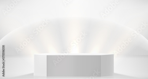 Illuminated white interior with bright spotlights and podium. Showcase for a product. 3d vector illustration 