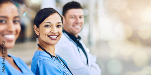 Doctor, team and portrait smile on mockup for healthcare, help advise or consultation at hospital. Happy medical professionals smiling in teamwork, collaboration or life insurance on bokeh background