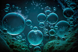 Bubbles under water or oil for background. Abstract background and texture of blue bubbles with light illumination. Generative AI.