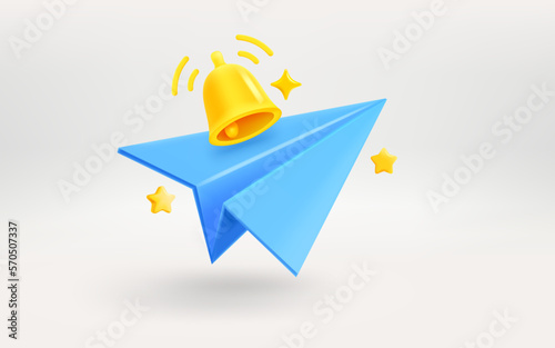 The bell and blue plane. Breaking news concept. 3d vector illustration