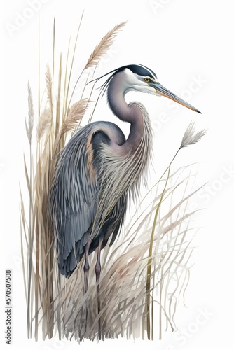 Minimalist Watercolor Illustration of a Great Blue Heron in Water with Reeds, Made in Part with Generative AI
