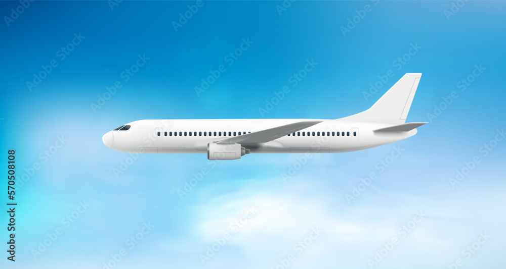 Flying modern airplane flying in cloudy sky. Air travel concept. 3d vector illustration