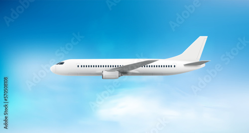 Wallpaper Mural Flying modern airplane flying in cloudy sky. Air travel concept. 3d vector illustration Torontodigital.ca