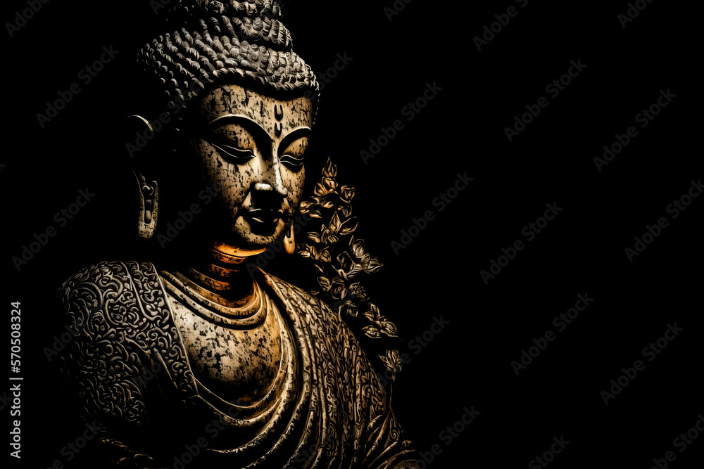 Close up Buddha statue on black background. Budda statue on black background. Metal meditation Budda sculpture. Religios statue on black background.