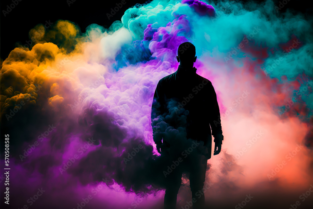 Male silhouette in abstract multi color paint explosion on black background. Paint clouds with person silhouette on black background, Generative AI