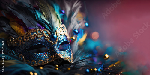 copy space for carnival mask with beads and feathers blurred confetti background. Generative AI