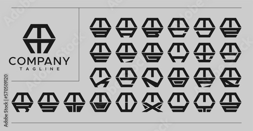 Minimalist modern line hexagon initial letter M MM logo design set