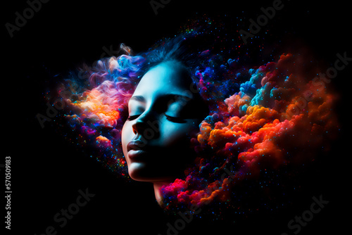 Female with closed eyes portrait in abstract multi color paint explosion on black background. Paint clouds with person silhouette on black background, Generative AI