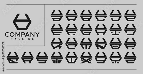 Minimalist modern line hexagon initial letter U UU logo design set