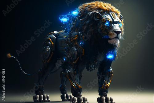 Cyber lion with neon glowing eyes and bodyparts on dark background, Generative AI. Cyborg lion. Robot lion. Futuristic predator. photo