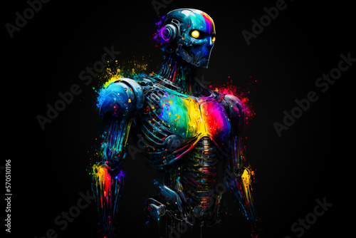 Cyber human robot with neon glowing parts on black background, Generative AI. Cyborg human. Male war robot. Futuristic warrior. Metal form of life. © Sergie