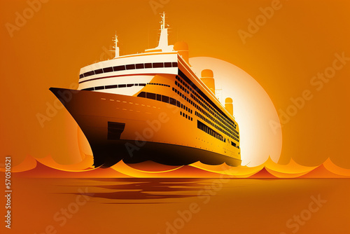 isolated, illustration of a luxury cruise ship, yellow background, sunset, copy space text, Generative Ai