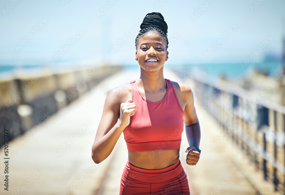 Black woman, fitness and running with smile for exercise, cardio workout or  training in the outdoors. Happy African American female runner smiling in  run, exercising or marathon for healthy lifestyle Stock Photo