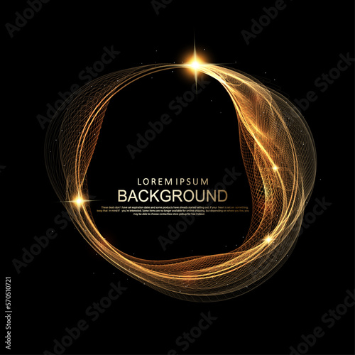 Isolated round gold frame, abstract small transparent tulle on a black background