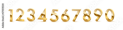 Golden numbers from zero to nine set on white background. Gold one, two, three, four, five, six, seven, eight, nine vector illustration. Colorful numerical signs design for date or anniversary